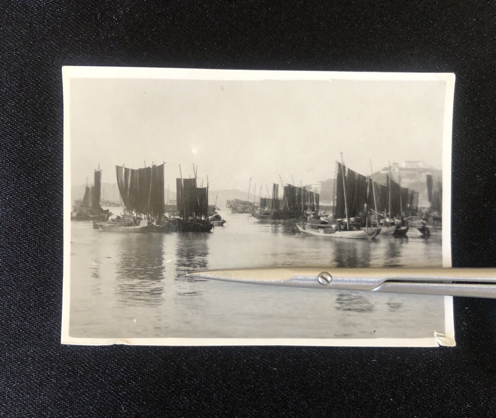 Antique 1930s Hong Kong Junk Boats in Harbor Original Historic Photo China