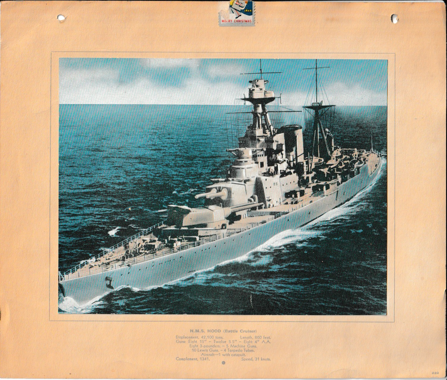 1940\'s Vintage  HMS Hood Colorplate ..sunk on May 24 1941 by the Bismark  8x10