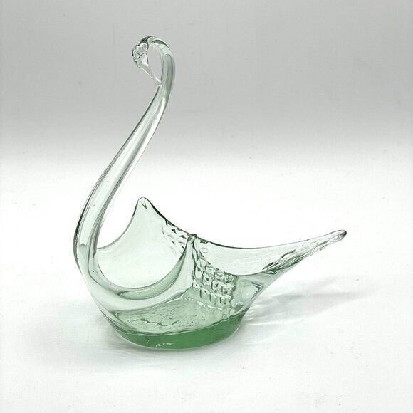 Vintage Art Glass Green Pulled Glass Swan Bowl Dish Candleholder Figurine Signed
