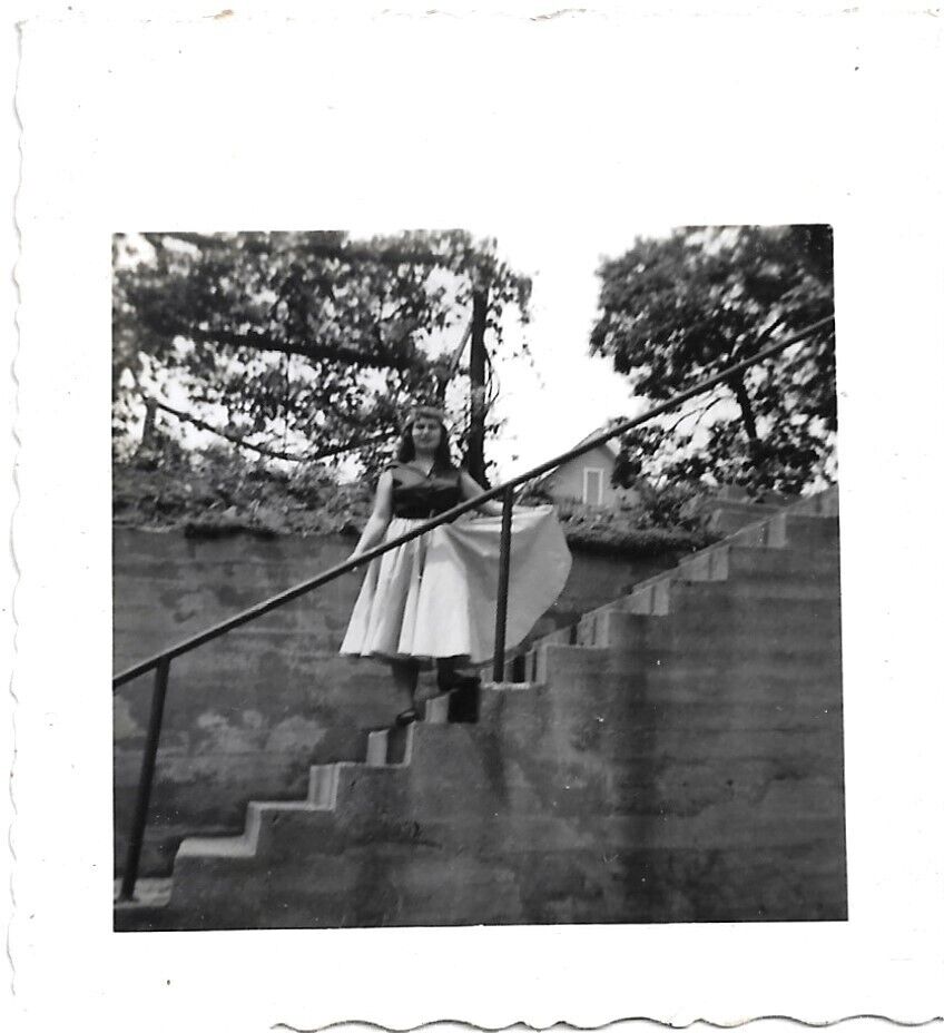 Lady On Steps Photograph 1950s Vintage Fashion Dress 2 3/4 x 3
