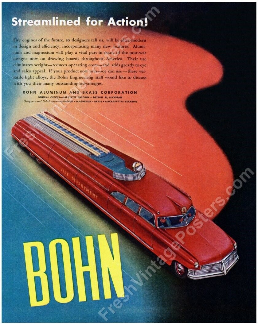 1940s streamlined future fire engine truck art Bohn vtg ad NEW poster 20x24