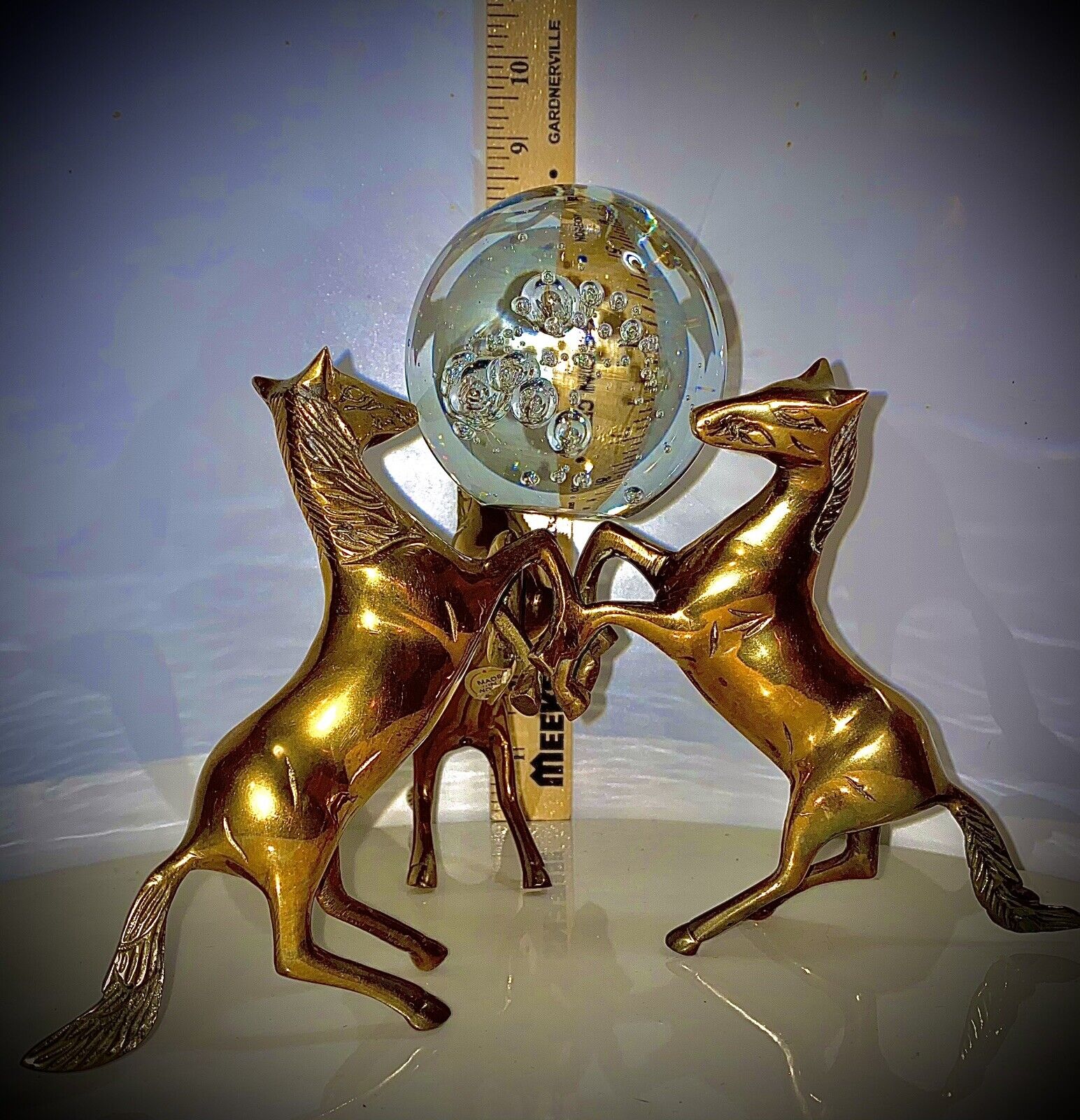 MCM Beautiful Brass Rearing Horses w/ Original Crystal Ball-timeless& Whimsical