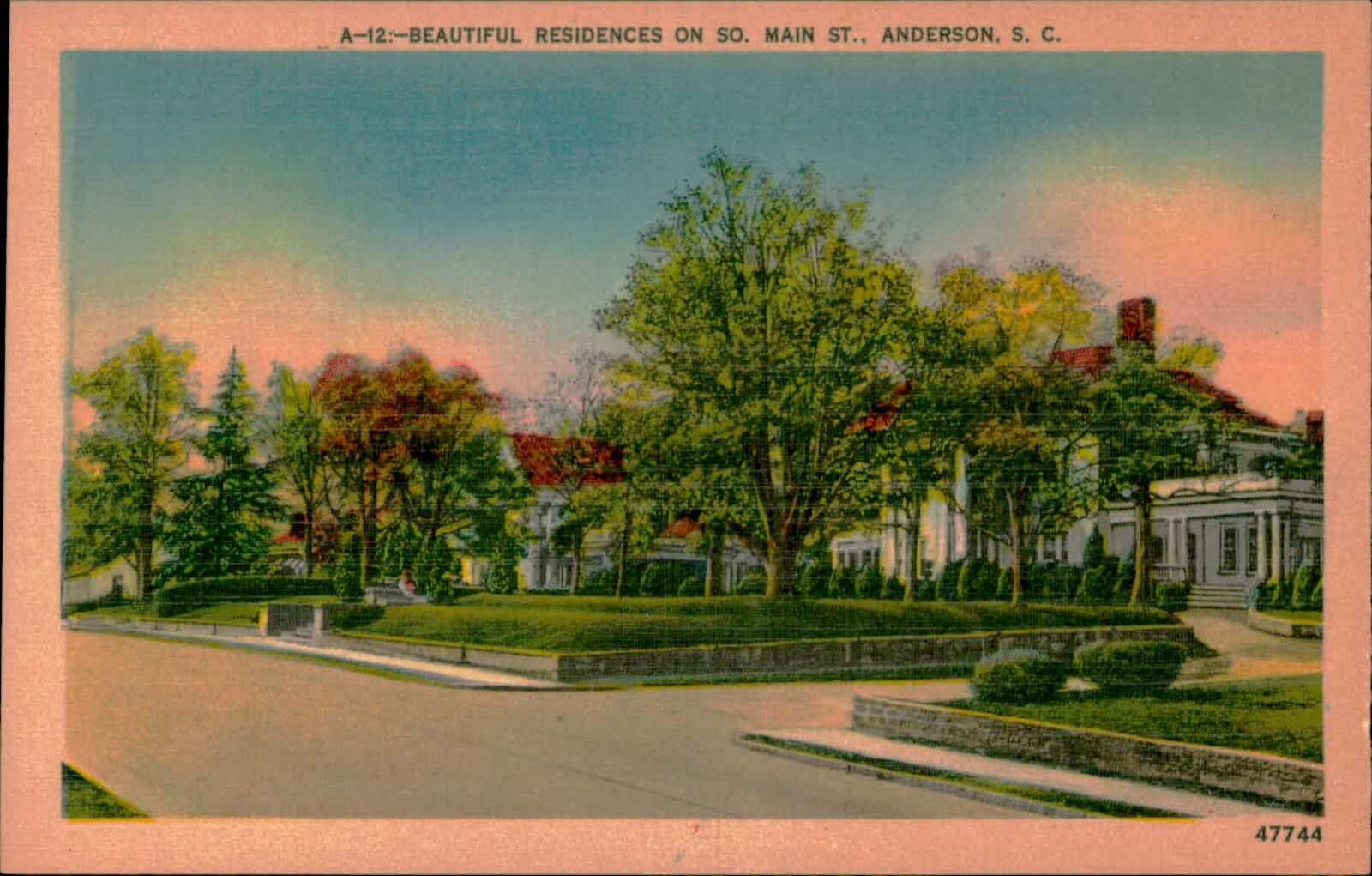 Postcard: A-12:-BEAUTIFUL RESIDENCES ON SO. MAIN ST.. ANDERSON. S. C.