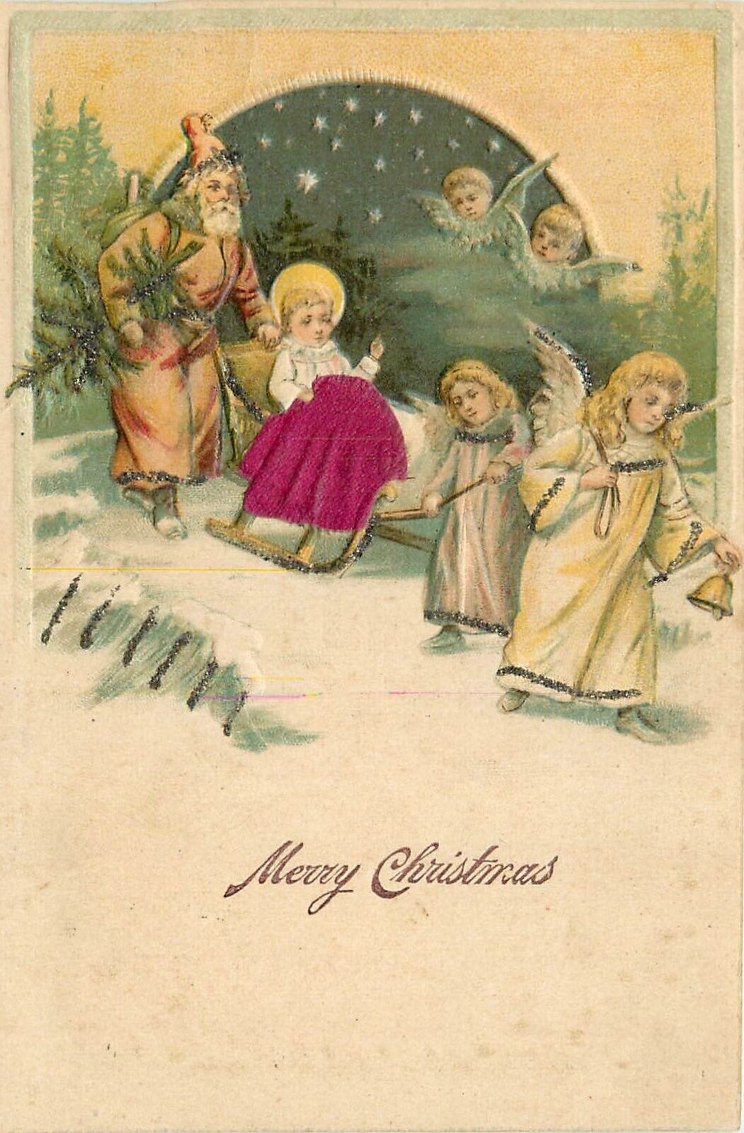 Postcard C-1905 Santa Christmas Angels sled winter scene 23-13473
