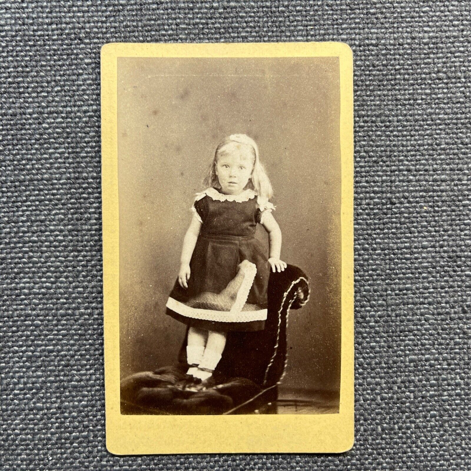 CDV Photo Antique Portrait Young Girl in Fashion Dress Standing on Chair UK