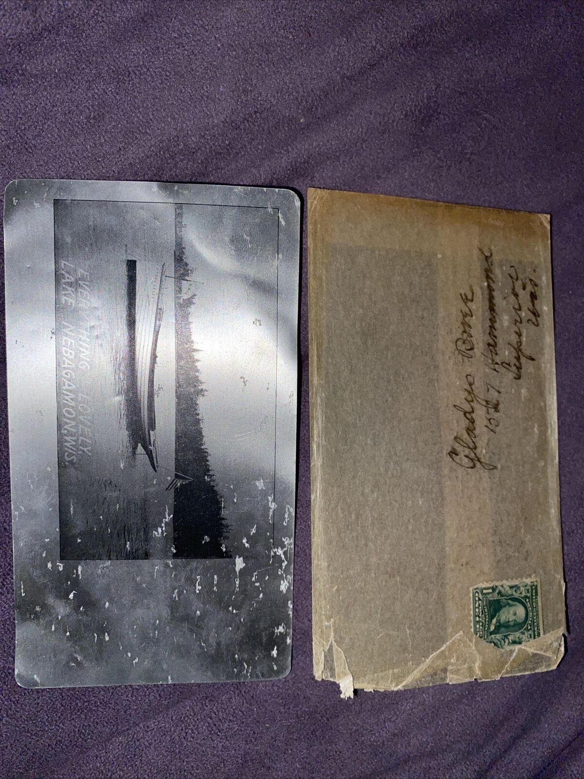 Vintage  Rare Aluminum Postcard Lake Nebagamon WISCONSIN 1900 Unused B41