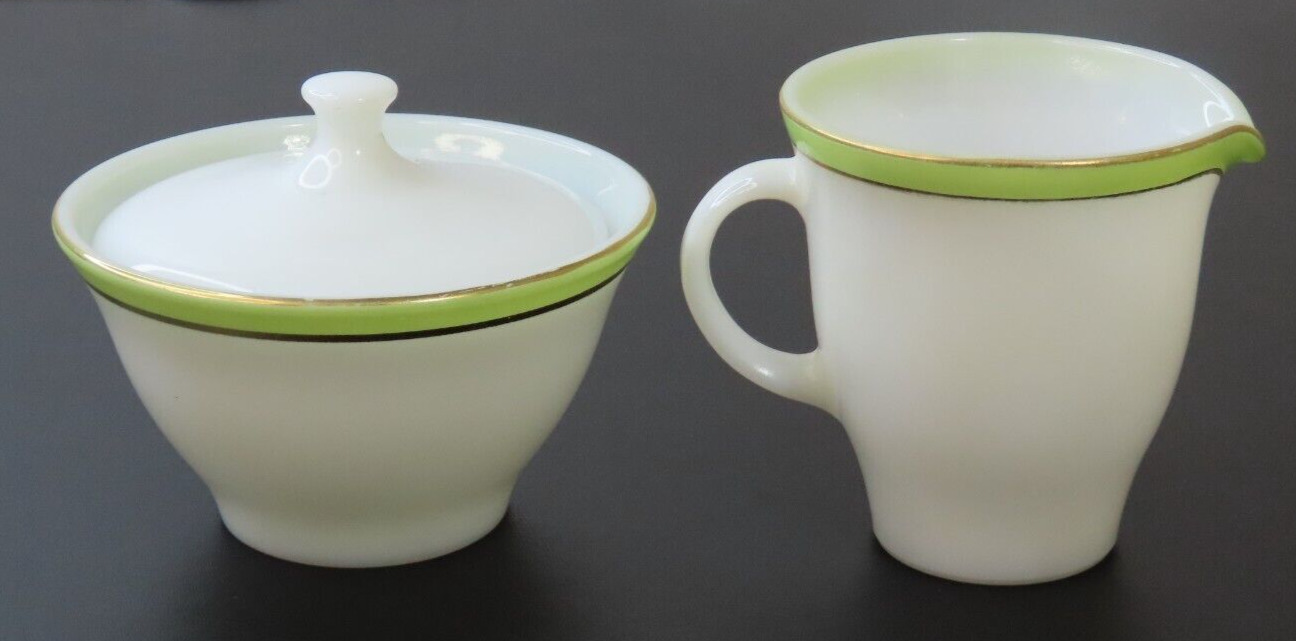 Vintage Pyrex Sugar Bowl w/Lid and Creamer Milk Glass w/Lime Green Stripe