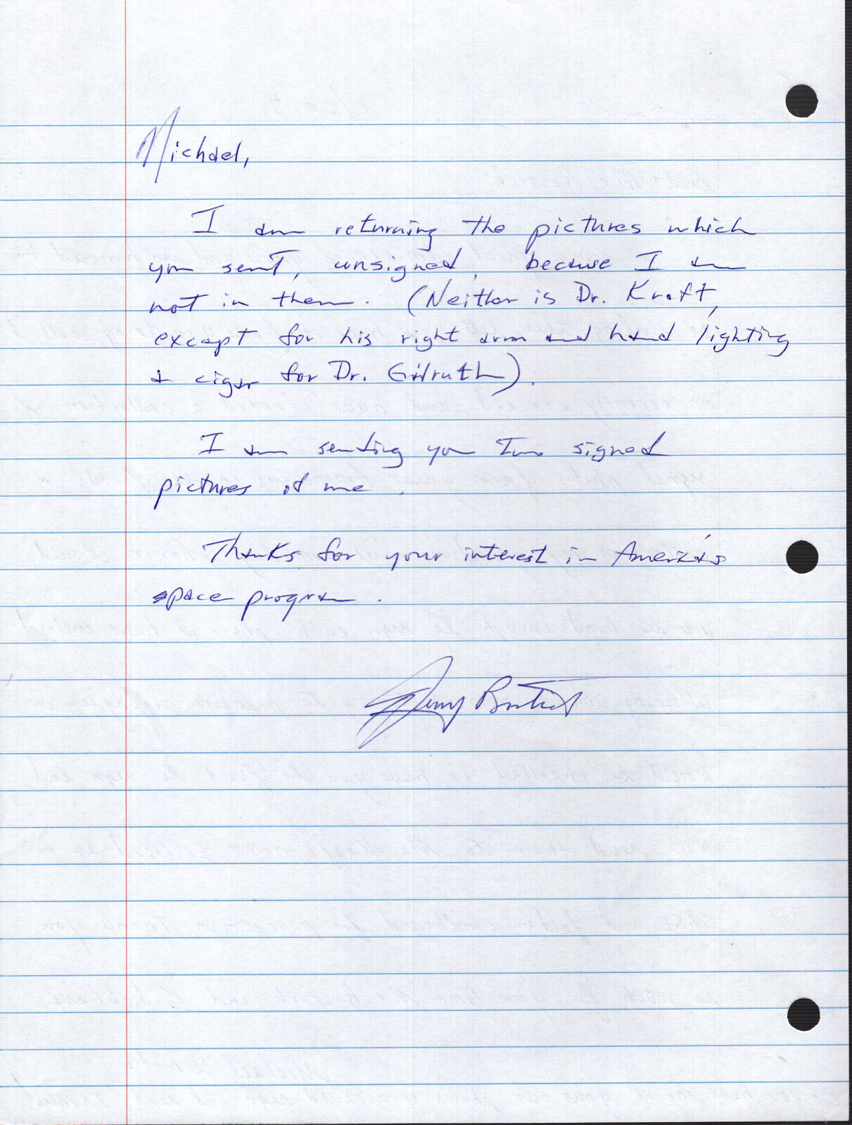 JERRY BOSTICK HAND SIGNED+HAND WRITTEN 8x10 LETTER+COA       NASA LEGEND