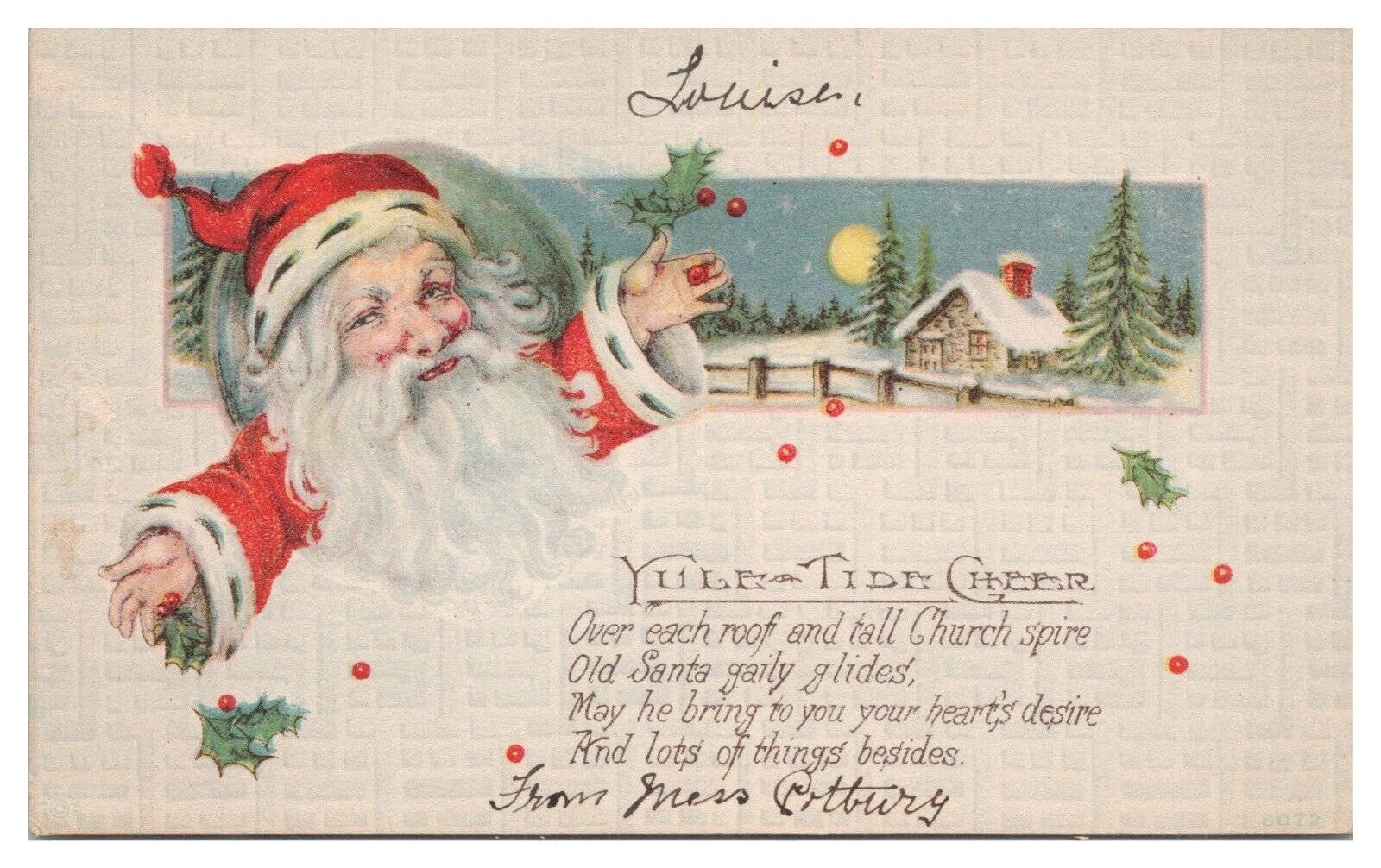 Vintage 1910\'s Yule Tide Cheer Christmas Postcard Santa Claus Outdoor Scene Unp