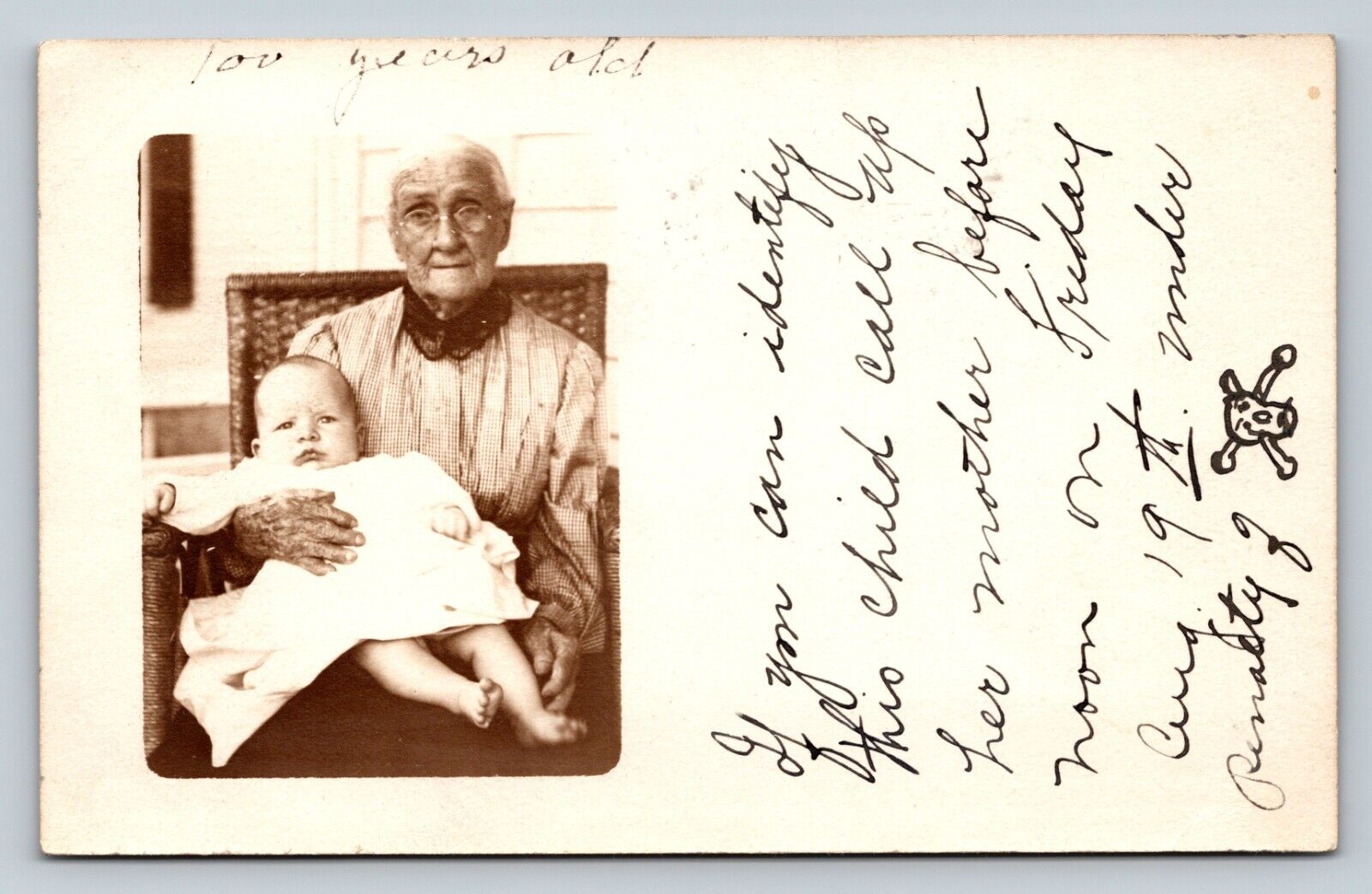 c1910 RPPC 100 Year Old Woman Holds Baby 'Under Penalty of Death' Msg Postcard