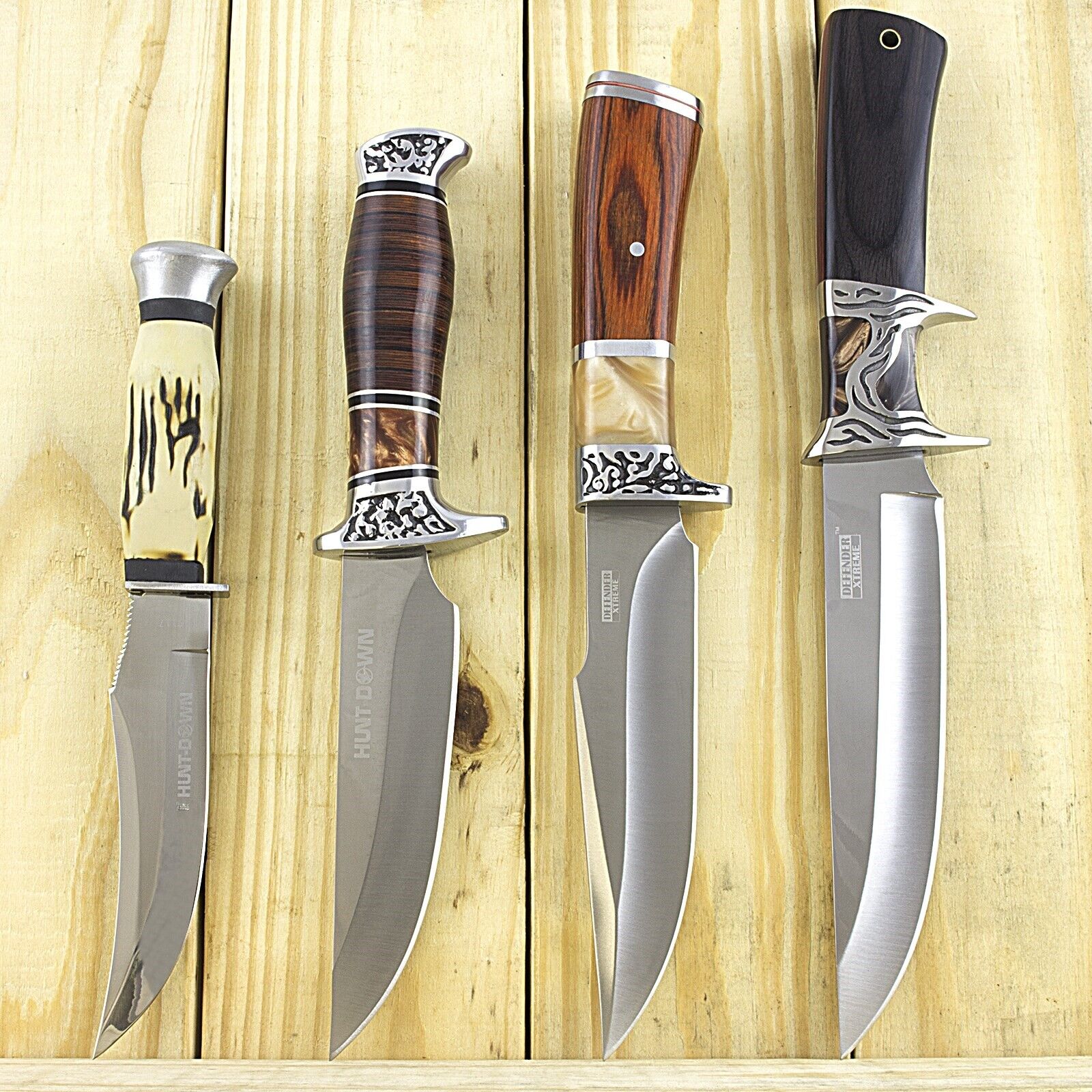 4 PC FIXED BLADE HUNTING KNIFE SET w/ WOOD HANDLE Combat Survival Bowie Lot Bulk