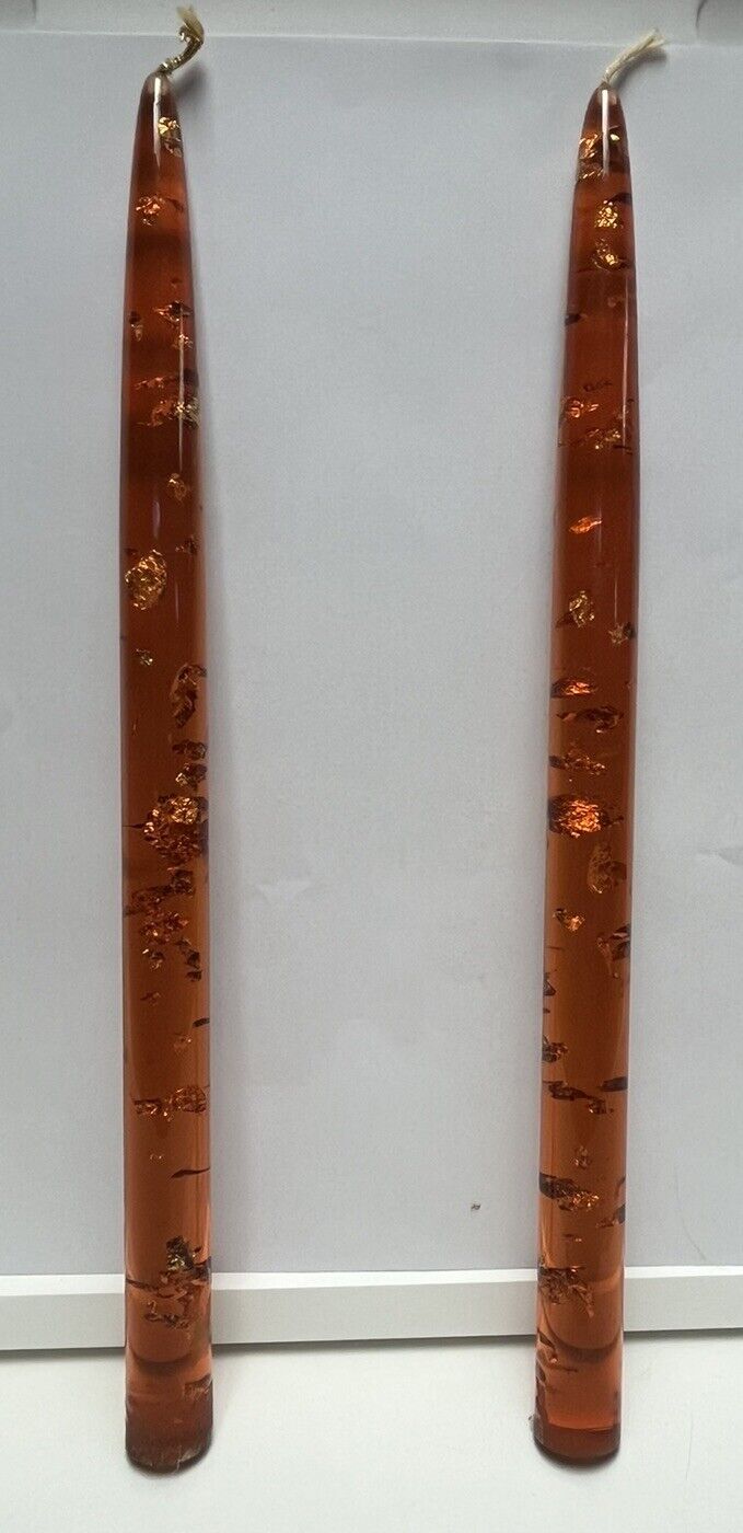 Vintage MCM Lucite Acrylic Orange w/ Gold Fleck Candlesticks Set of 2  12\