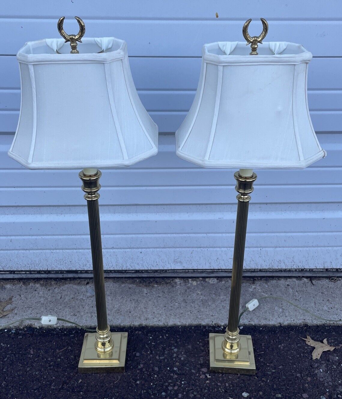 Pair Of Vintage Brass Regency Style Column Lamps With Shades