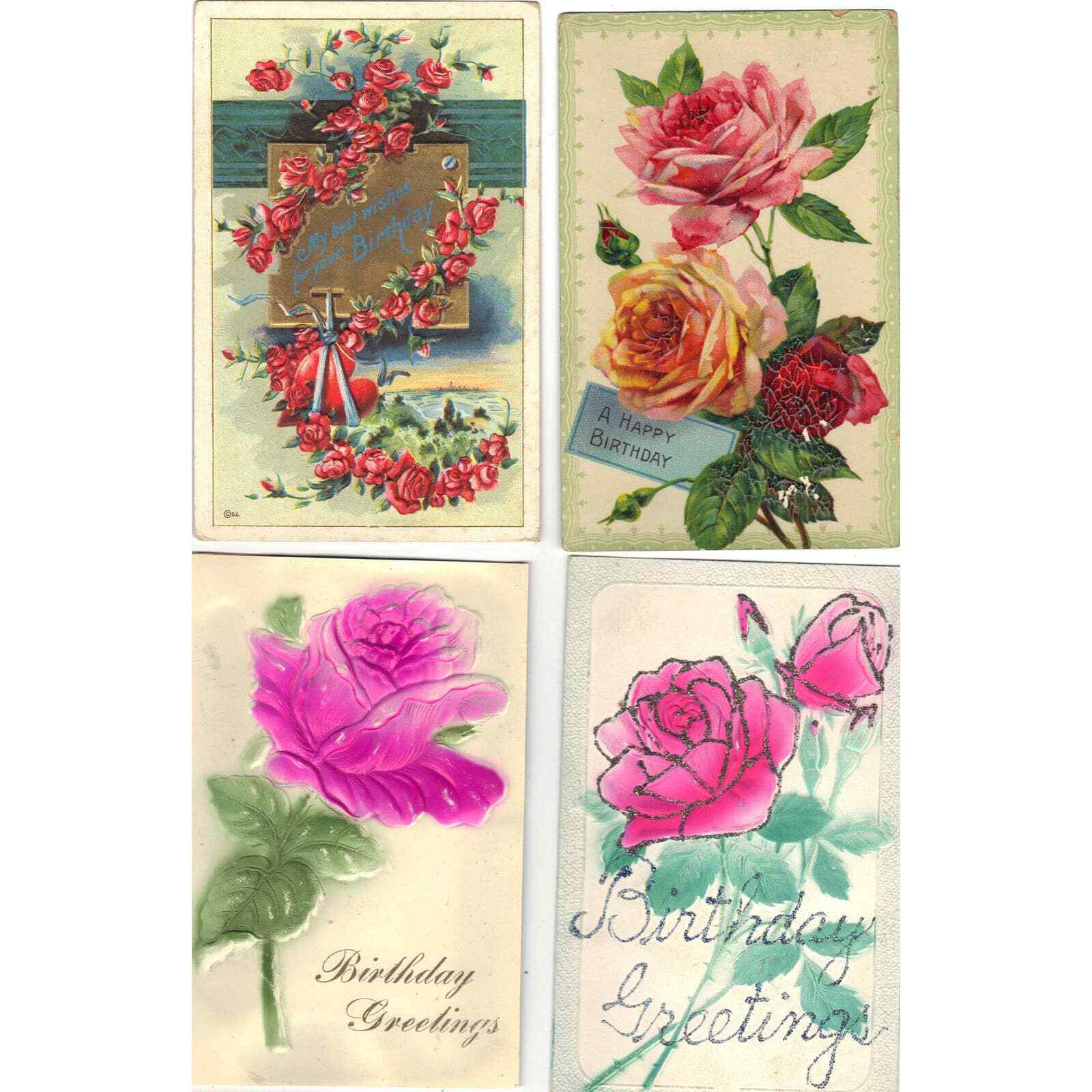 Lot of 4 Antique Birthday Postcards with Flowers - Lot 1030