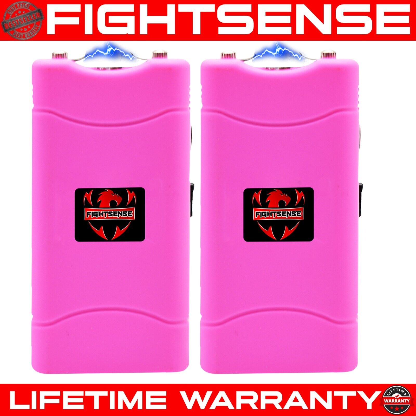 Fightsense 2 Pc Heavy Duty Stun Gun 10 BV Rechargeable LED Flashlight Pink