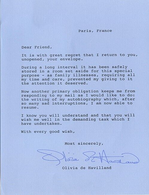 Rare -Olivia De Havilland- Certified Signed/Autograph Letter - From Her Estate