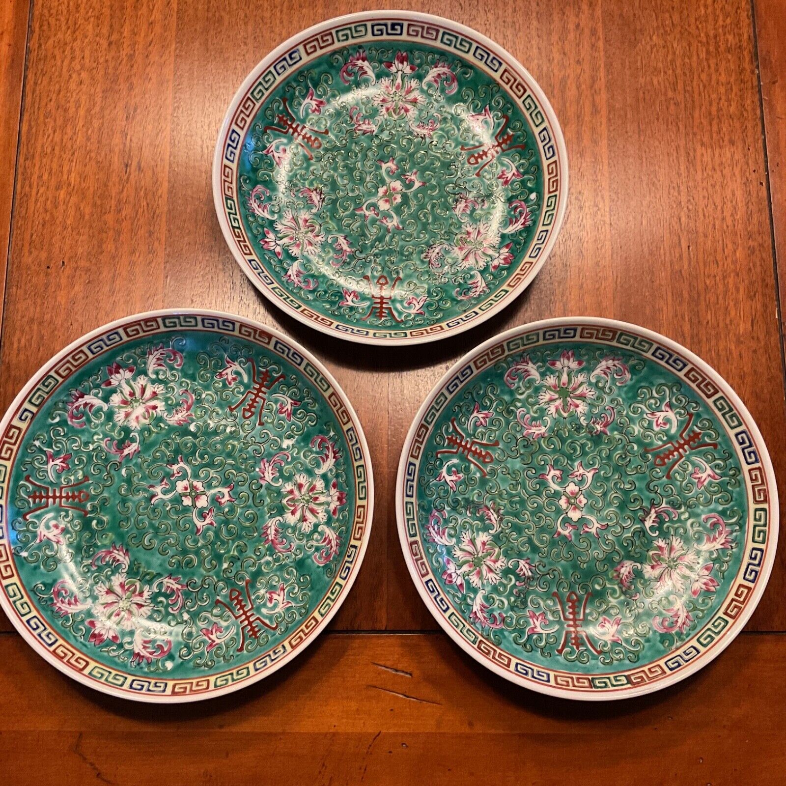3 Vintage Chinese Mun Shou Longevity Turquoise Porcelain 7.5x1.25\