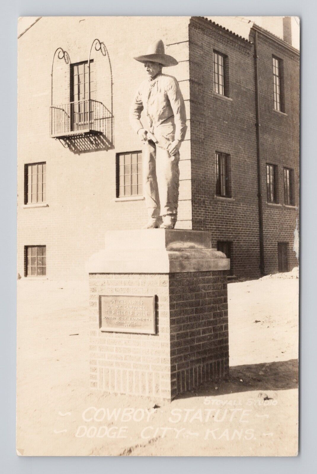 Postcard RPPC Cowboy Statue Dodge City Kansas
