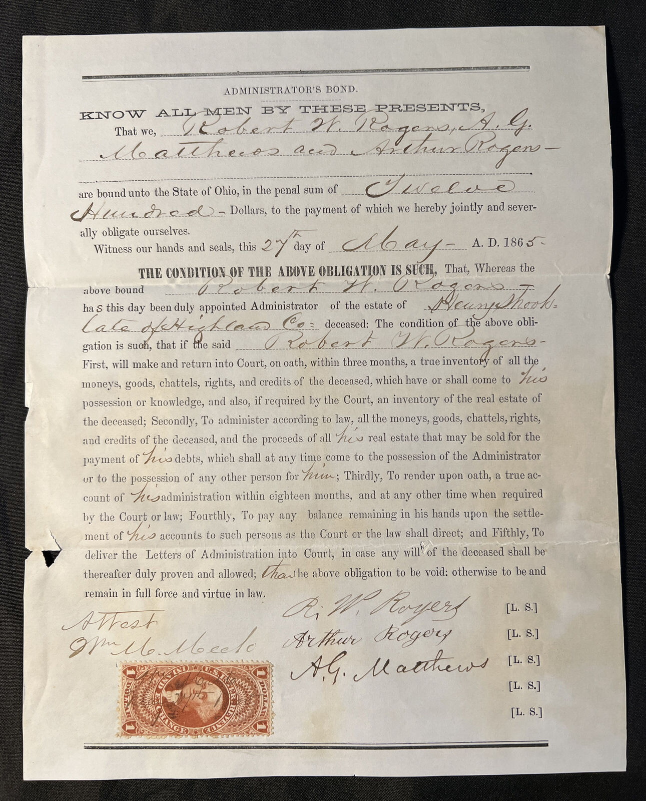 Antique 1865 Administrators Bond OHIO $1 Red TAX Stamp Henry Shook ESTATE