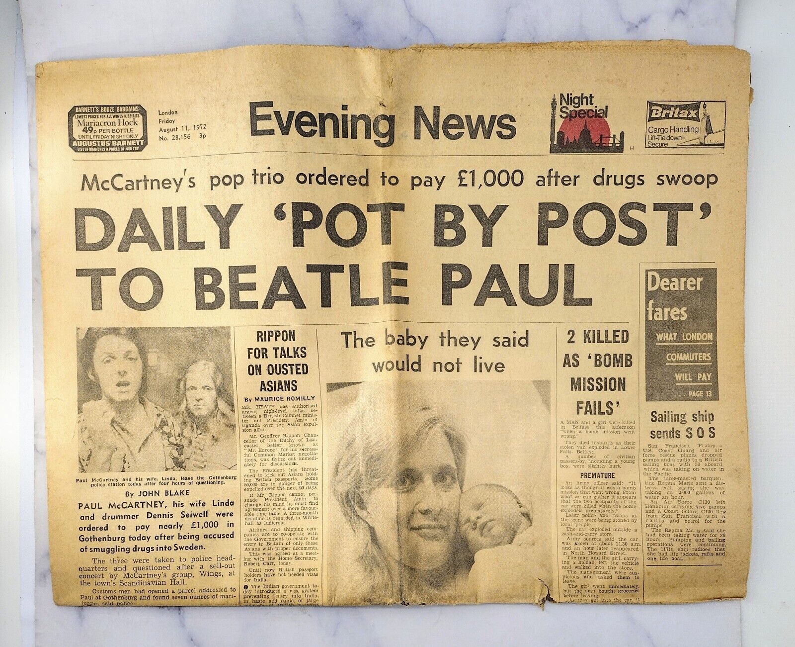 London Evening News August 11, 1972  Paul McCartney Vtg. Newspaper 