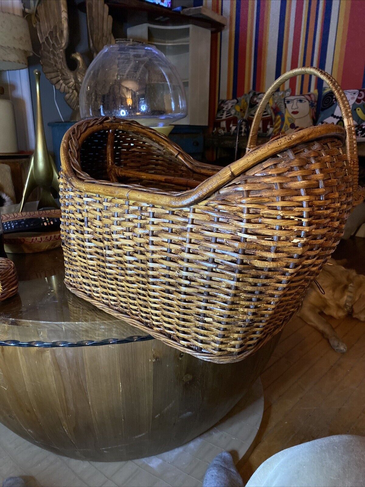 vintage oversized woven rattan Bamboo basket braided rim.  magazine blamket