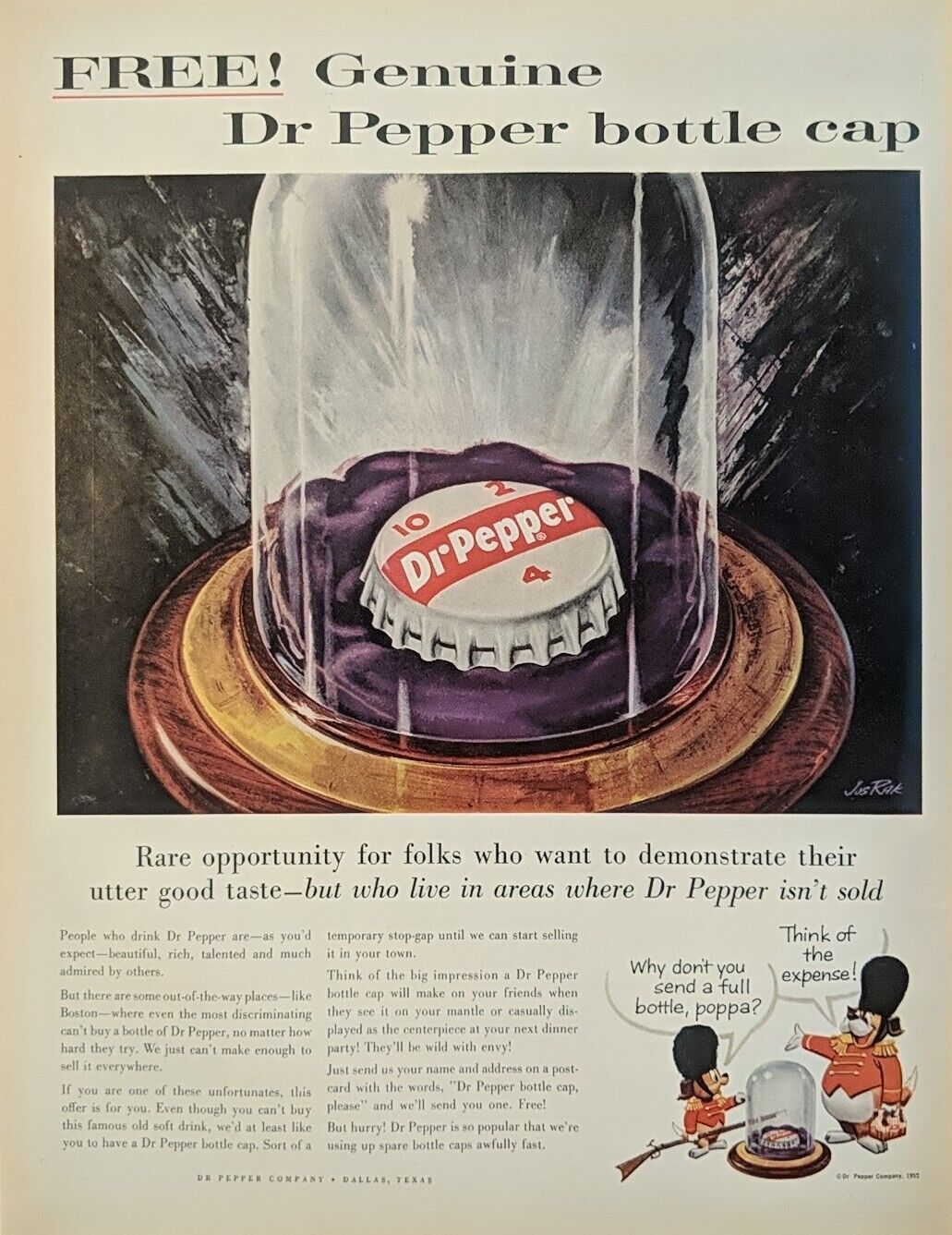 1959 Dr Pepper Print Ad, Bottle Cap In A Glass Jar, Genuine Dr Pepper 