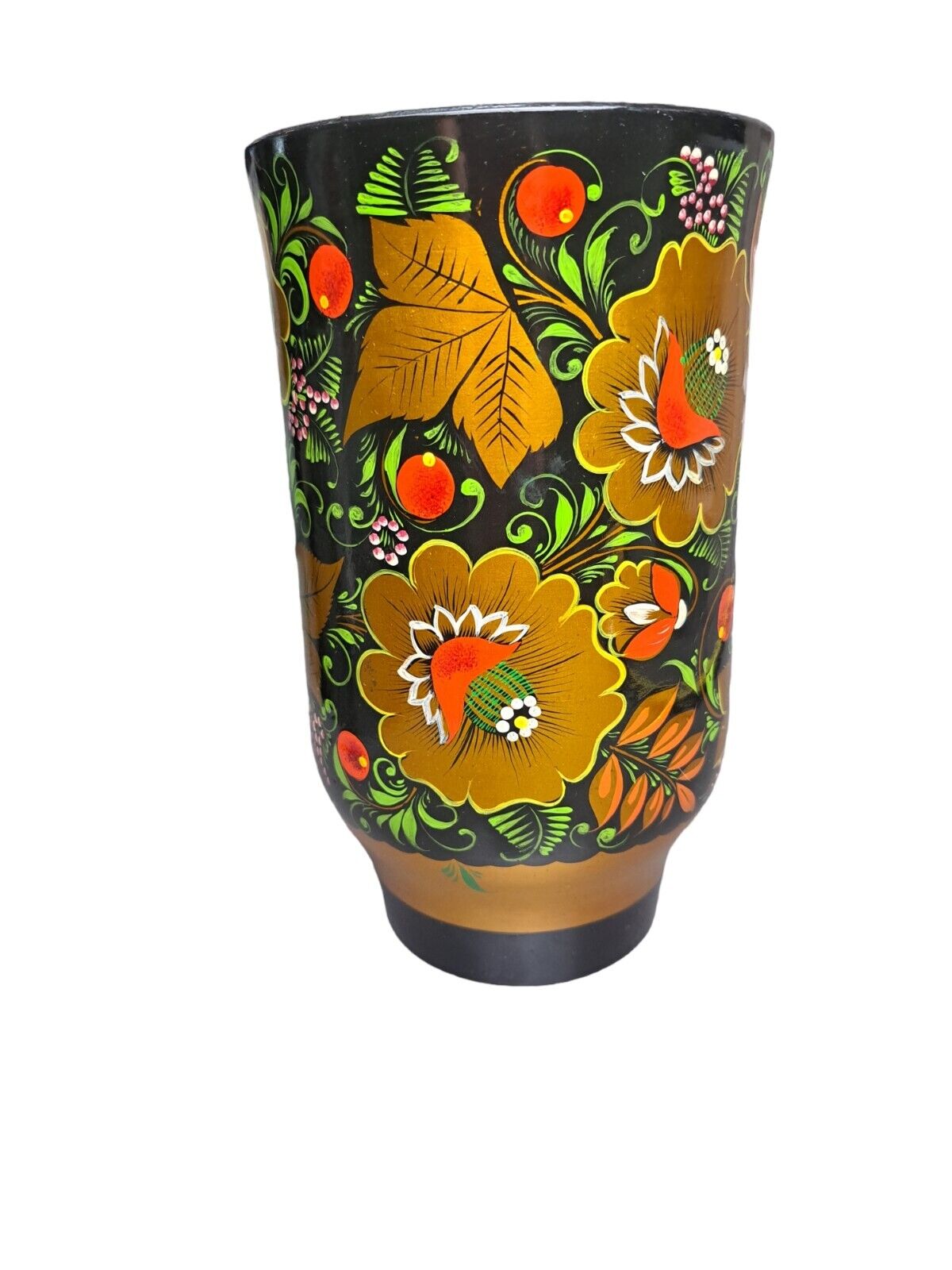 Vintage Russian Khohloma Painted Wood  Vase~8\