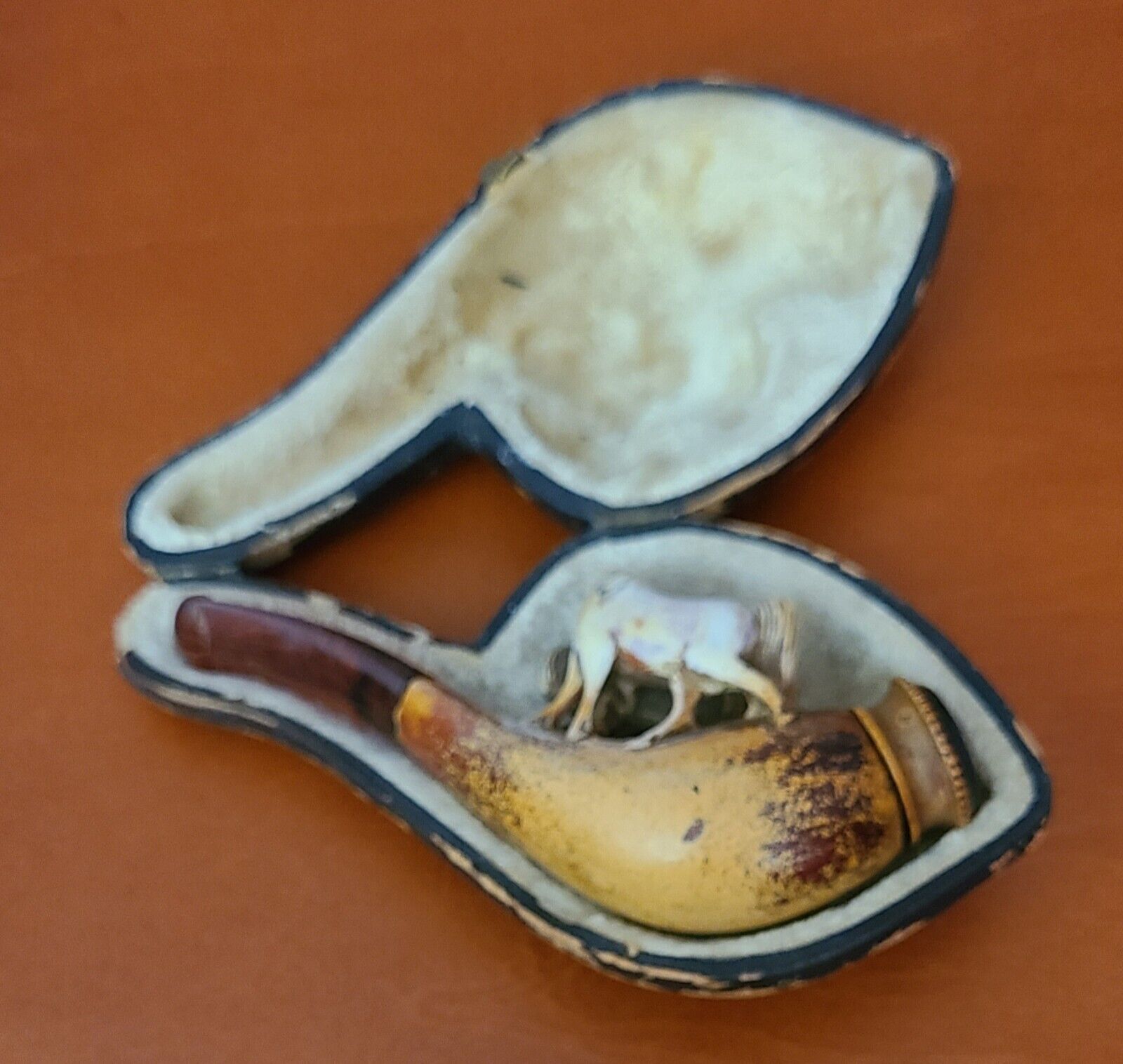 Antique German Meerschaum Carved Pipe With Wild Horses And Case