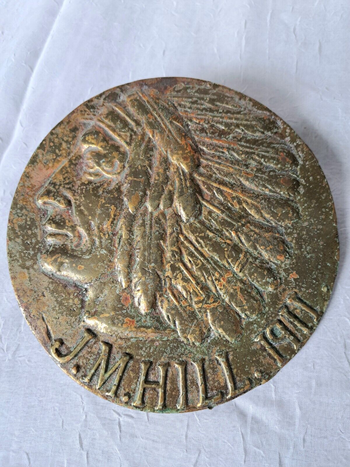 Solid Bronze Native American Plaque J.M. Hill 1911