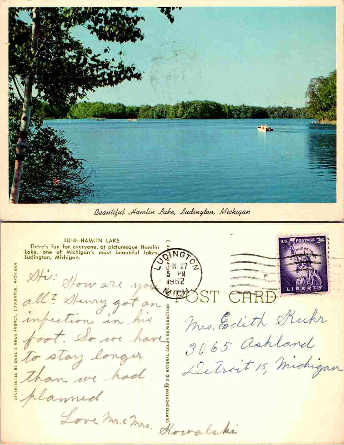 Vintage Postcard - Beautiful Hamlin Lake, Ludington, Michigan
