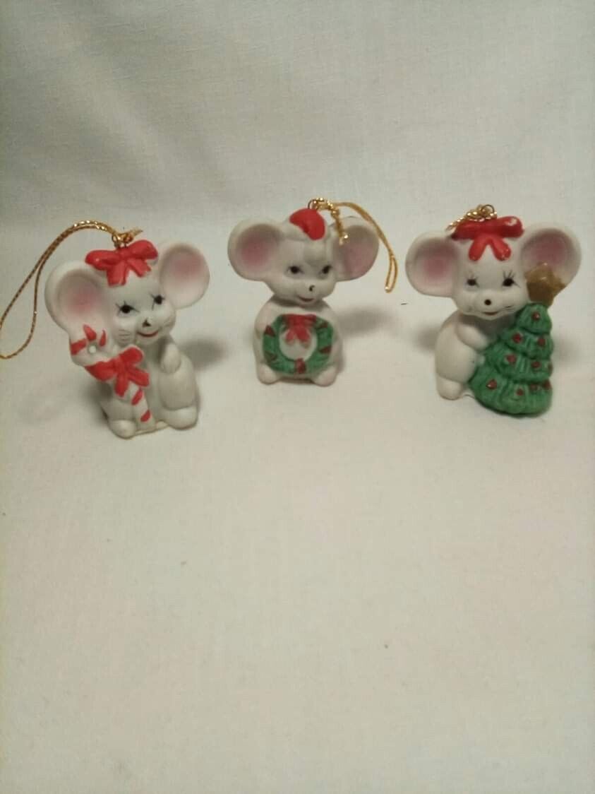 Set Of 3 Vintage Christmas Mice Bisque Porcelain Mouse Ornaments 70s Taiwan