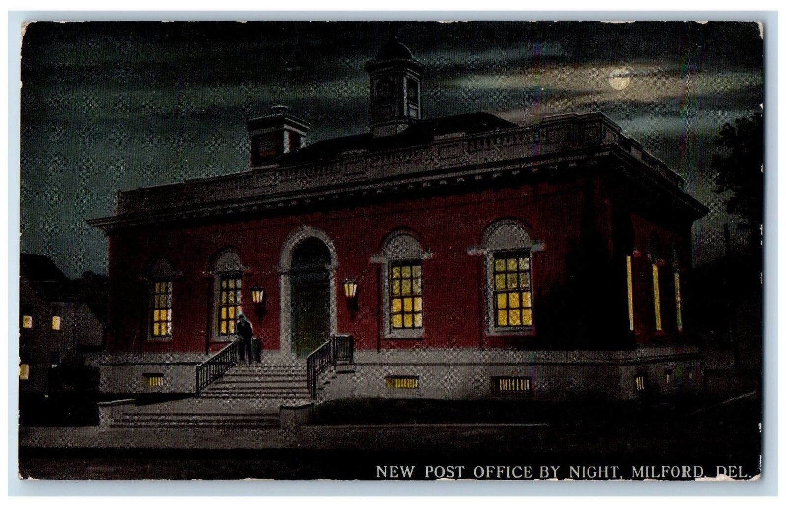 1912 Post Office By Night Moon Light Building Milford Delaware Antique Postcard