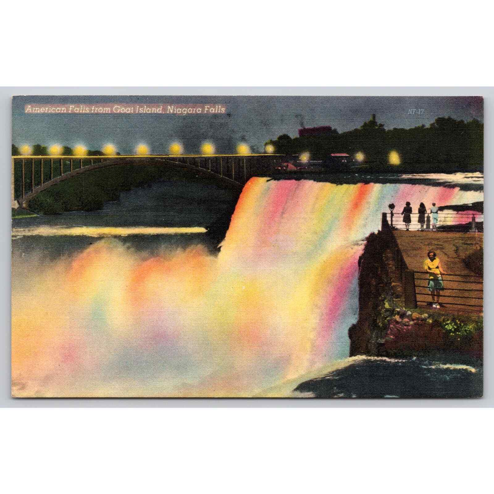 Postcard NY Niagara Falls American Falls From Goat Island Rainbow Bridge 