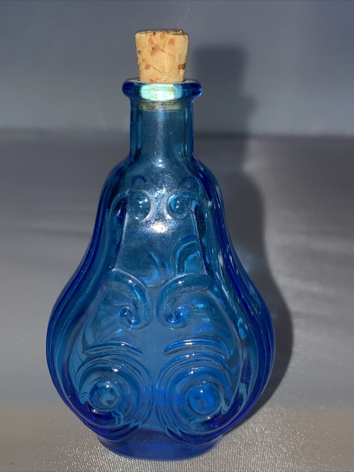 Vintage Wheaton Mini Blue Glass Scroll Bottle 3\
