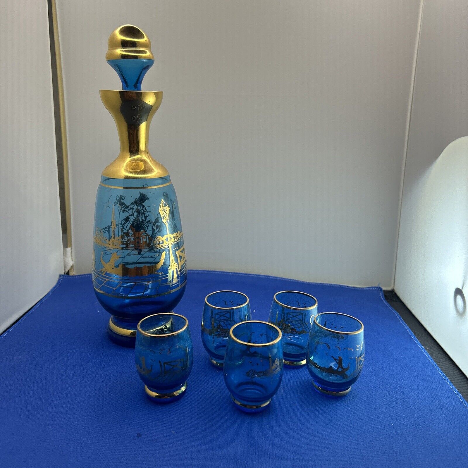Vintage Venetian Blue Glass Decanter and Five Shot Glasses