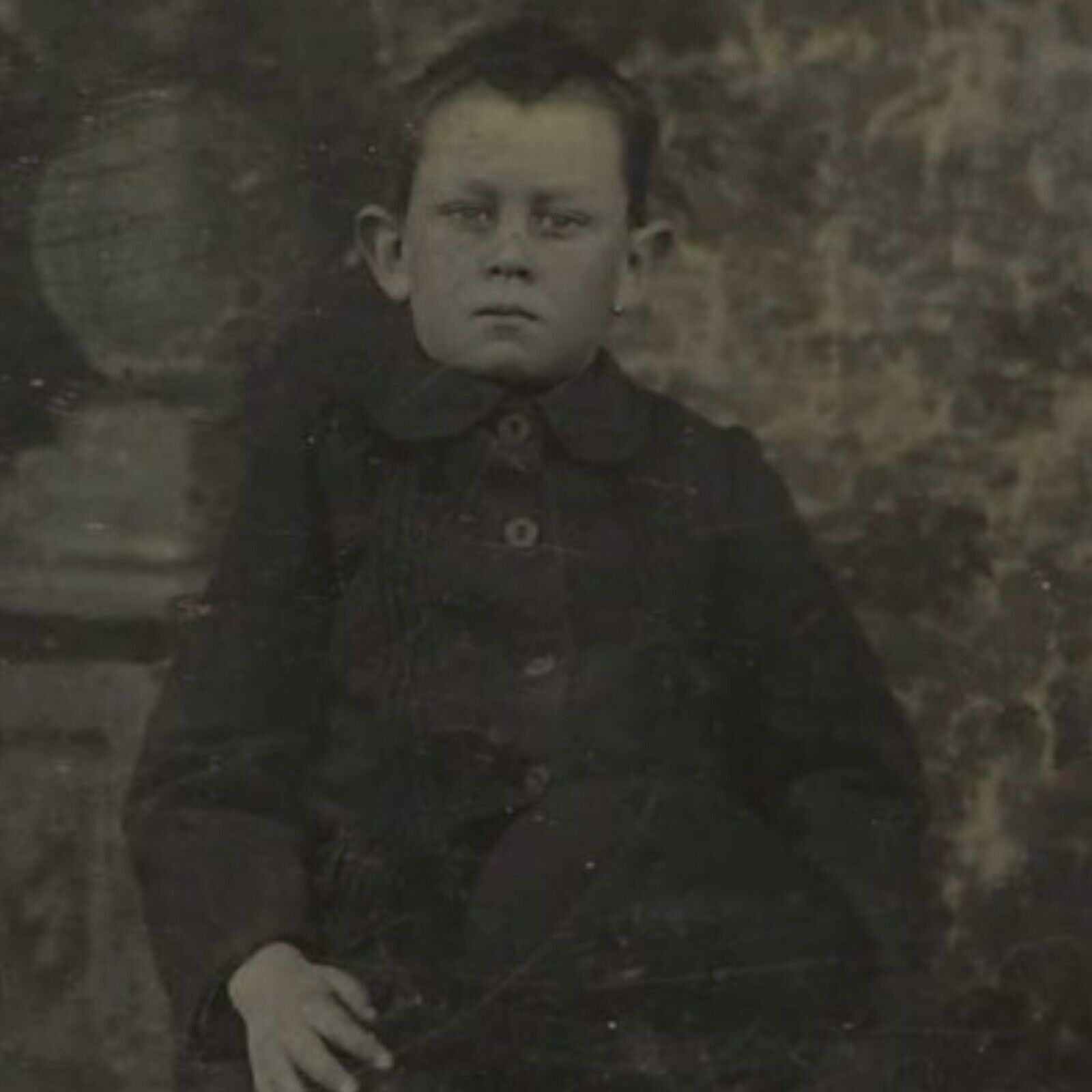 Antique Tintype Photo Young Boy Dressed In Black Holding Hat 1800s Photograph