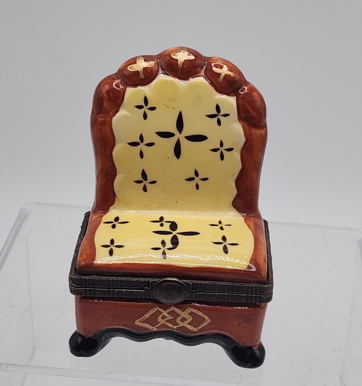 Vintage Hinged Porcelain Trinket Box Upholstered Armchair Seat Chair
