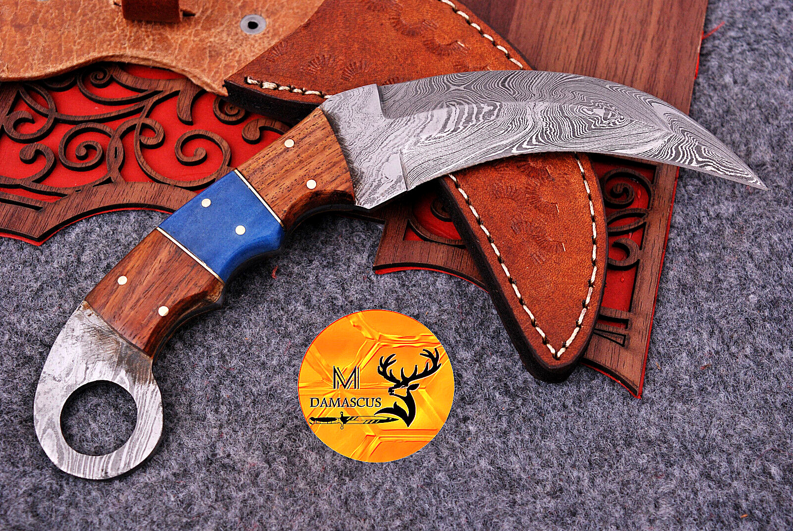 Custom Made Damascus Hunting Karambit Knife - Hand Forged Damascus Steel 1376