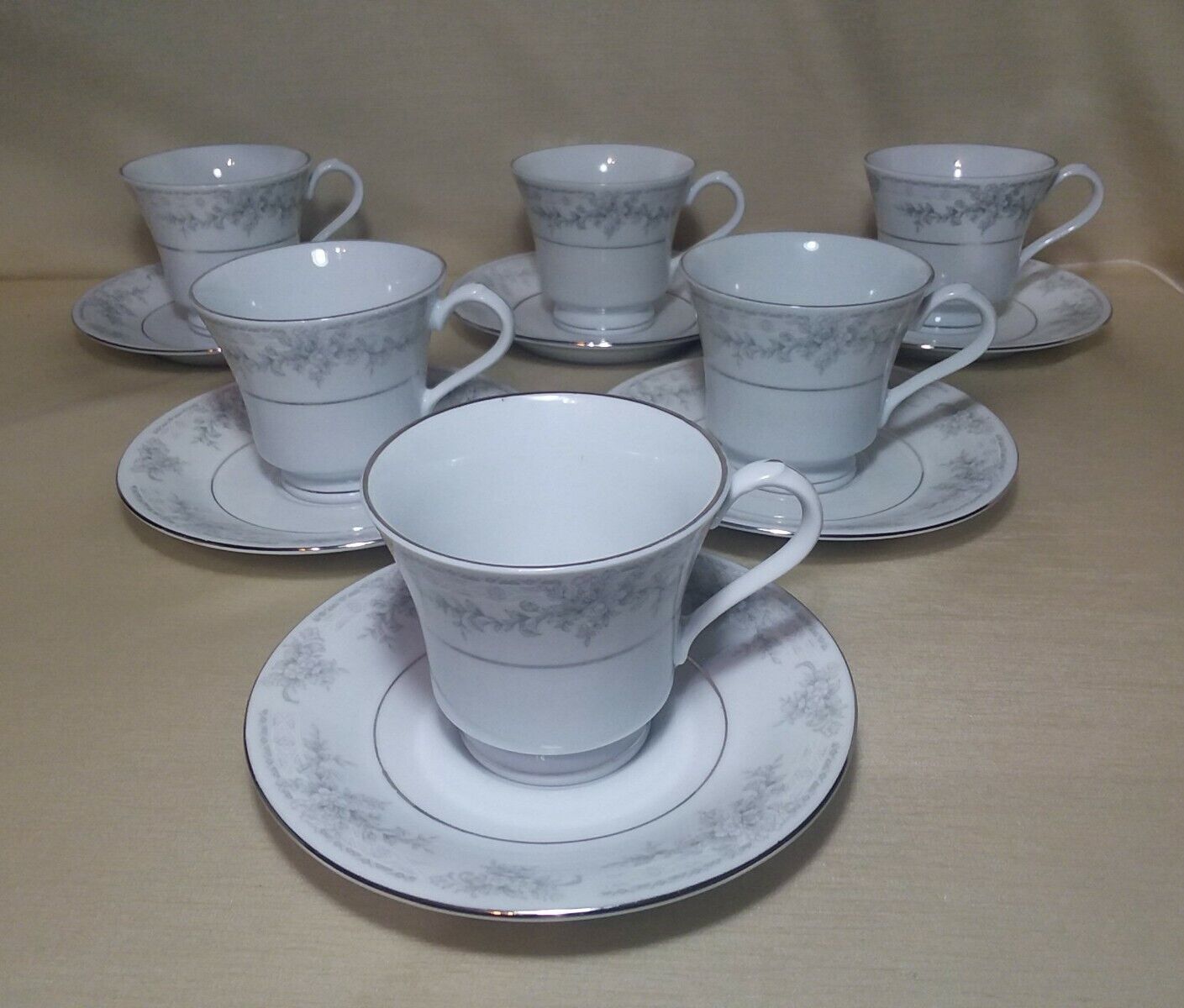 6  China Pearl OLIVIA Saucers And Cups Gray Lavender Flowers Silver Trim