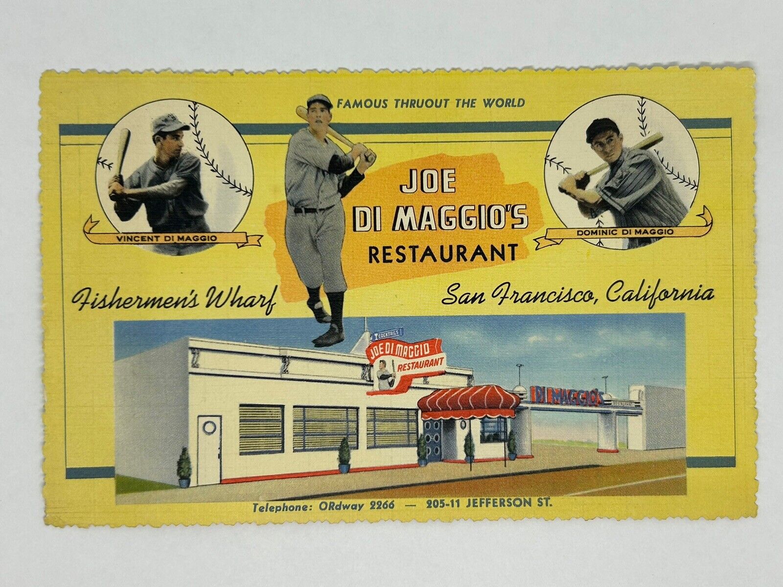 BASEBALL advertising Joe Di Maggio\'s Restaurant in San Francisco c1950 linen pc