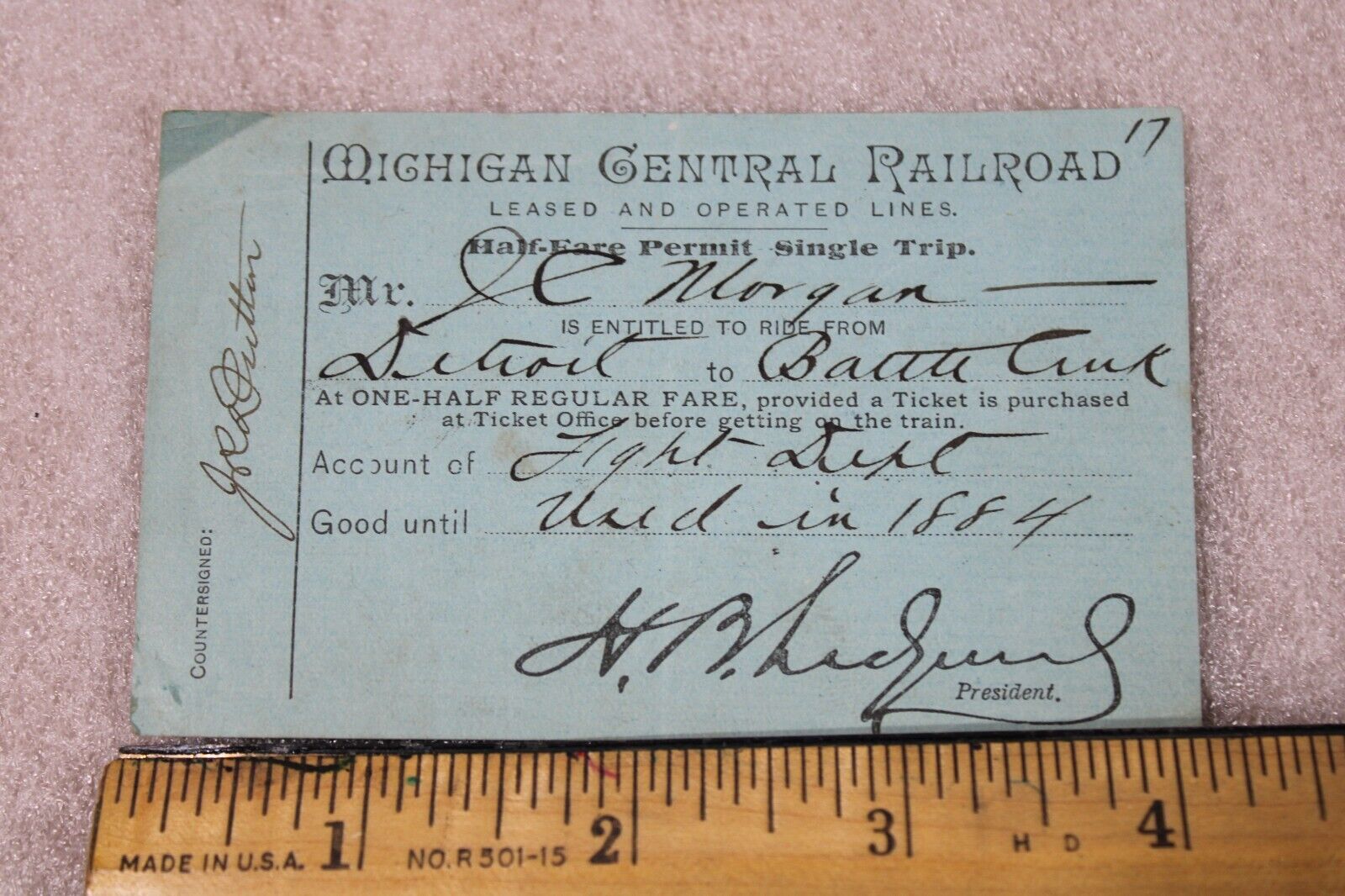 Antique Michigan Central Railroad 1884 Ticket Pass Detroit to Battle Creek  MCRR