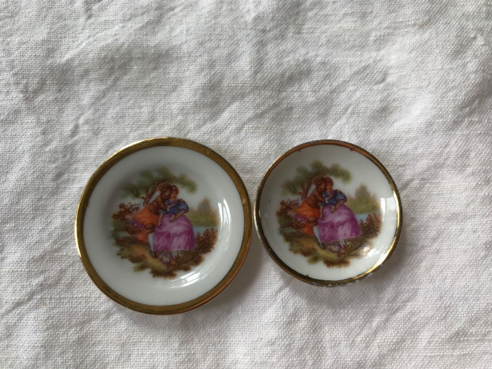 Vintage Limoges France Courting Couple Miniature Plate-Bowl Set Gold Trim