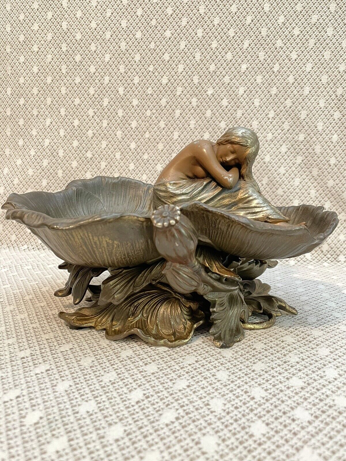 1900's Art Nouveau Semi-Nude Nymph Sitting on Poppies ~ Cast Iron & Spelter Bowl