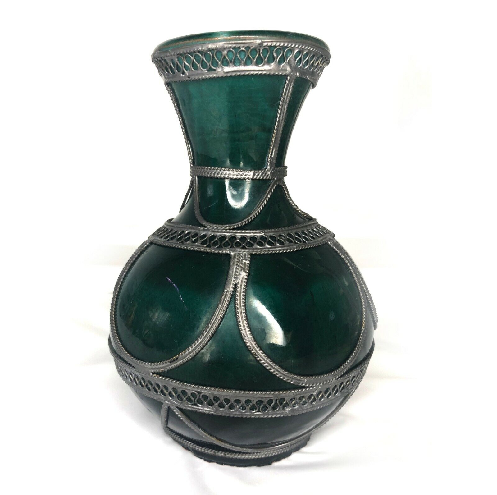 Vintage Moroccan Green Ceramic Vase with Metal Hand Work Red Clay