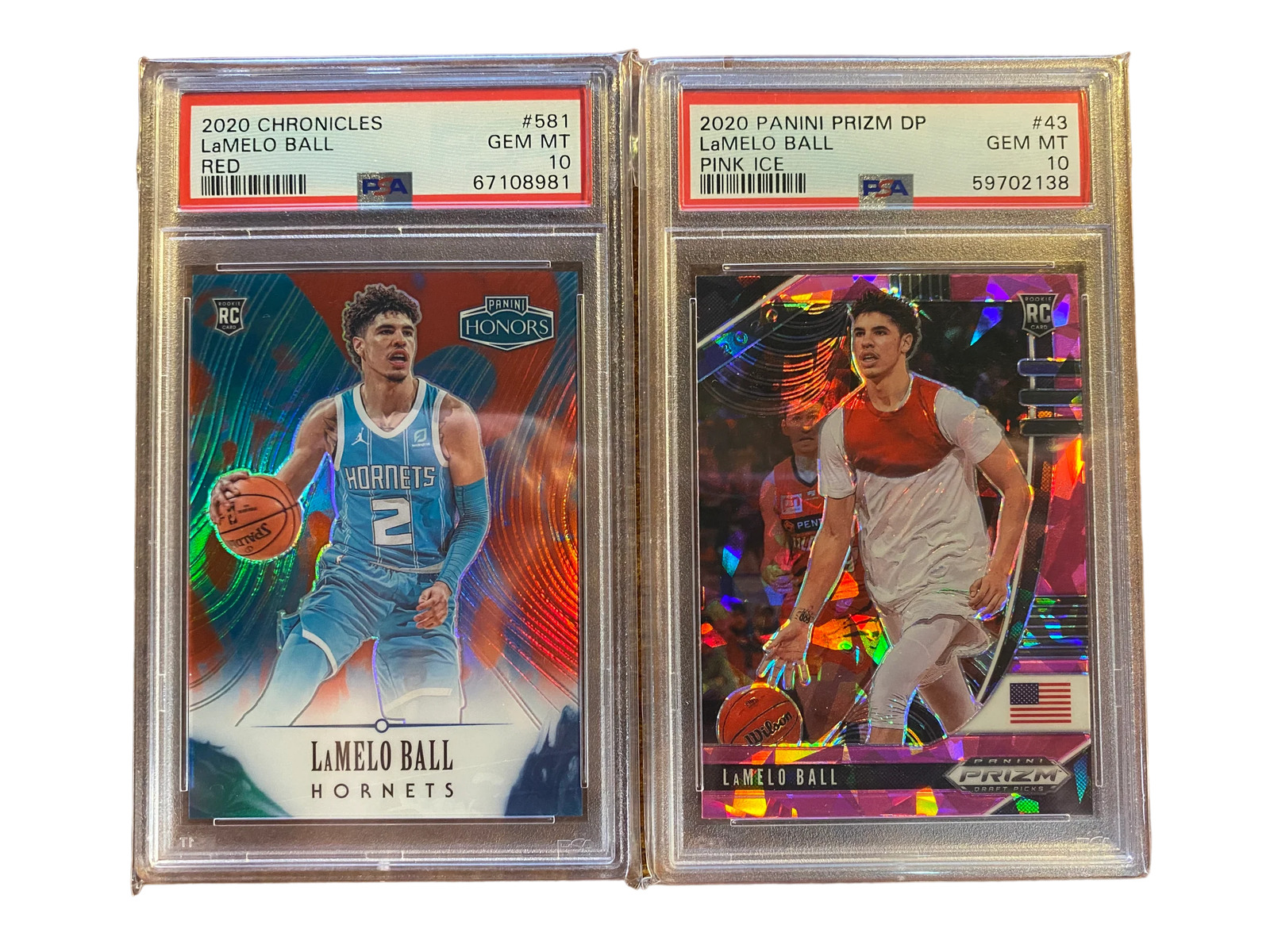 (2) LaMelo Ball Chronicles Honors Red /149 + Prizm DP Pink Ice PSA 10