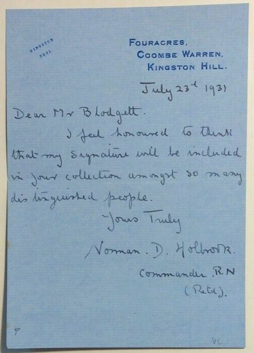 Victoria Cross Recipient Commander Norman D. Holbrook (1888-1976) Signed Letter