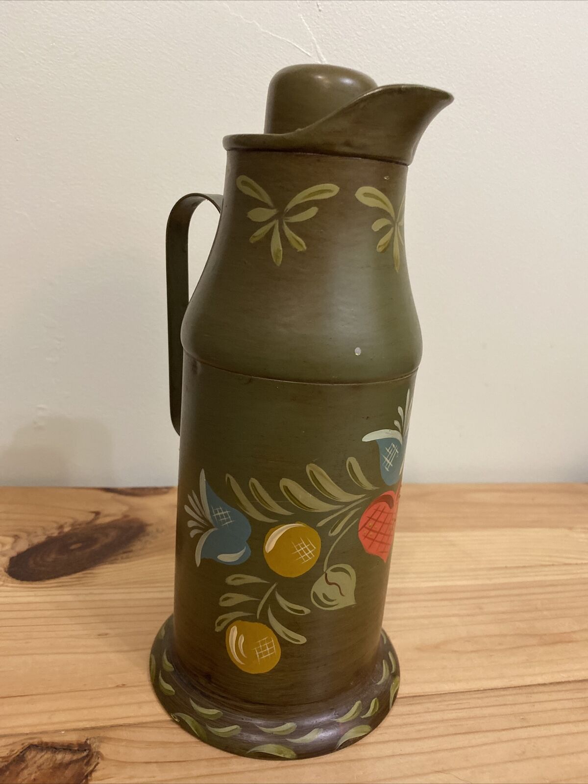 Vintage Antique Glass Lined Green Metal Coffee Carafe or Thermos With Cork