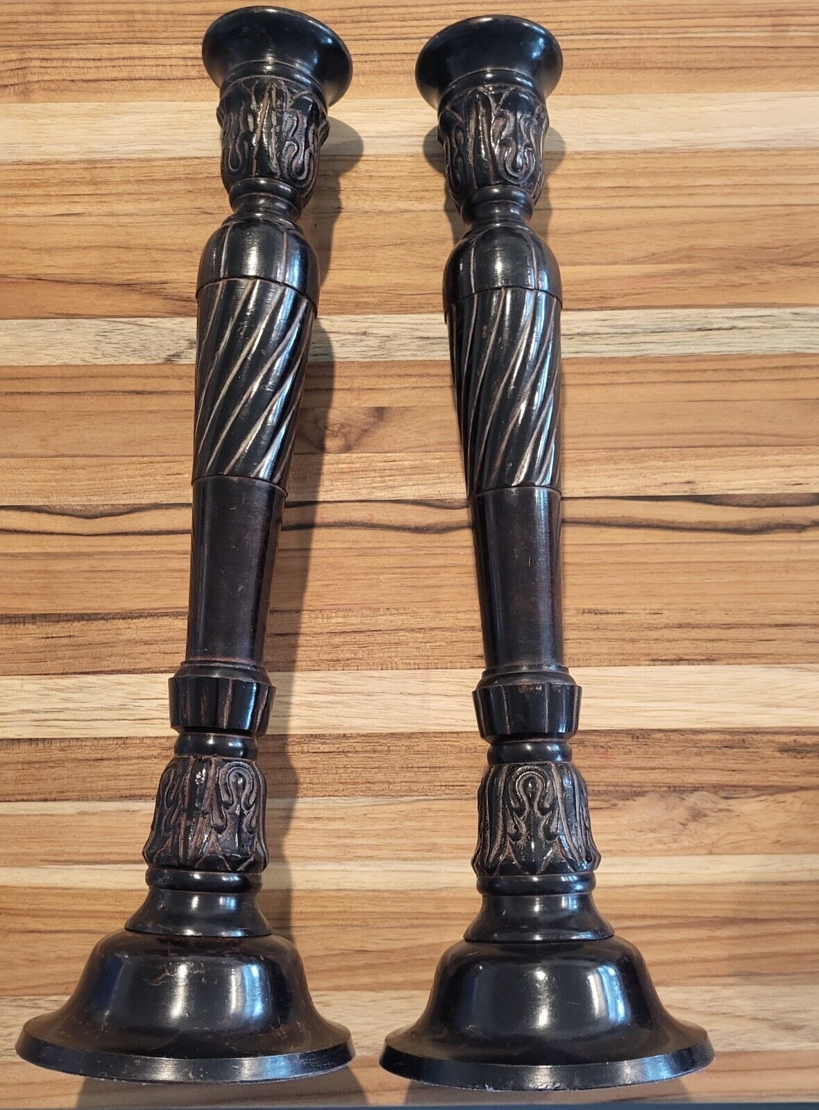 Bundle Set - Antique Bronzed Cast Iron Candlesticks &  Brass Snuffer 14-3/4”Tall