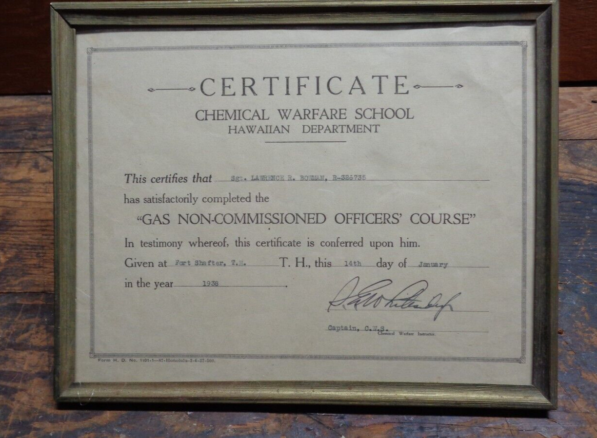 RARE pre WWII vintage US Army Chemical Warfare School framed certificate