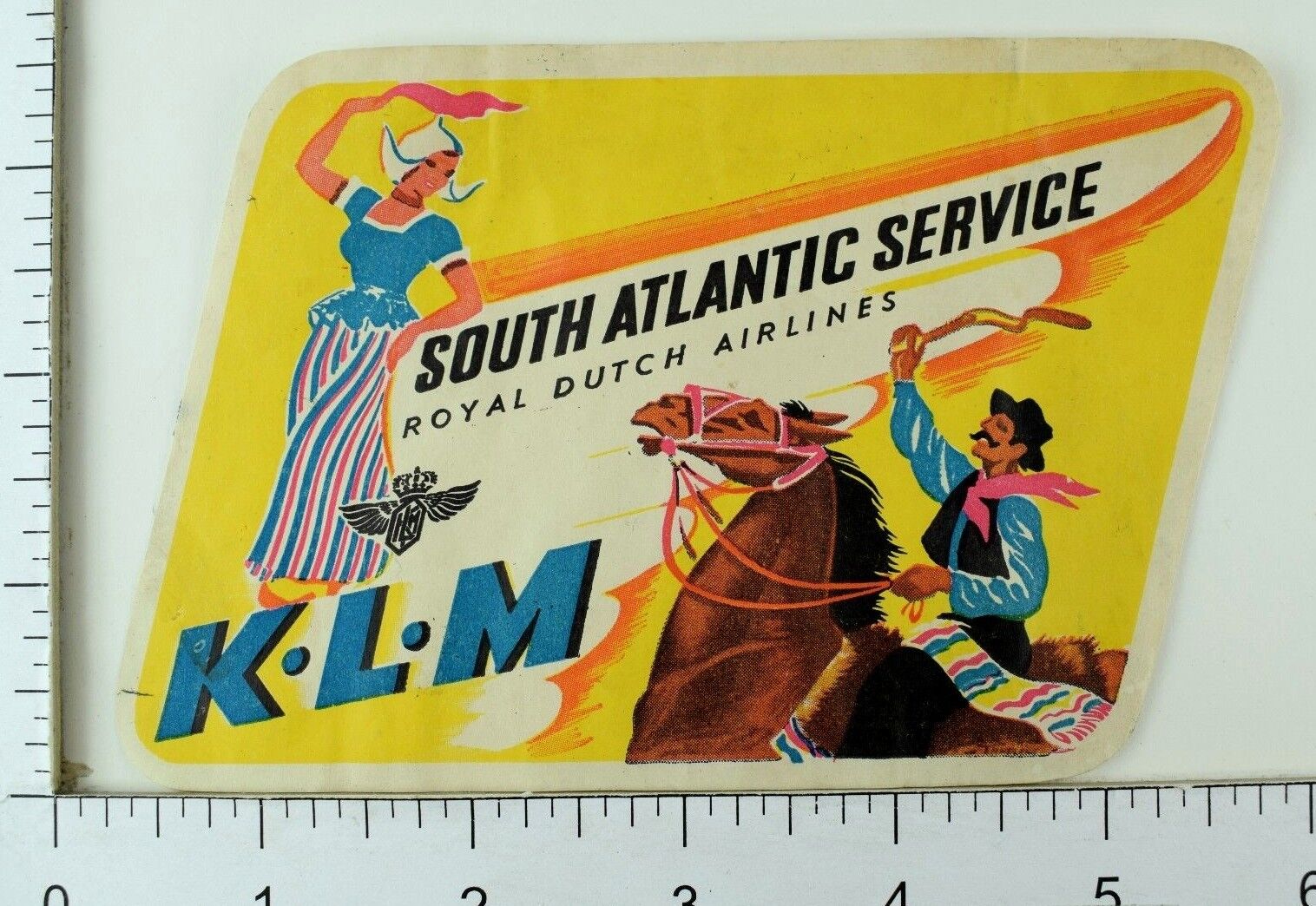 1940\'s-50\'s KLM South Atlantic Service Cowboy Dutch Luggage Label Vintage E7